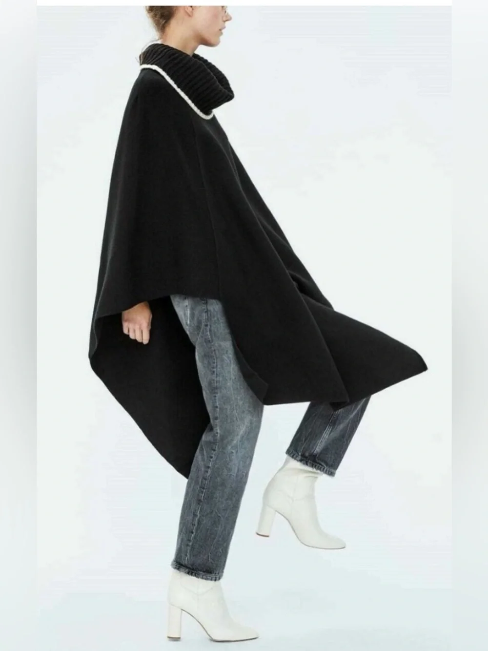 Zara Black Cowl Neck Sweater Poncho with Cream Trim Sz S oversized fits a M-L - Picture 3 of 9
